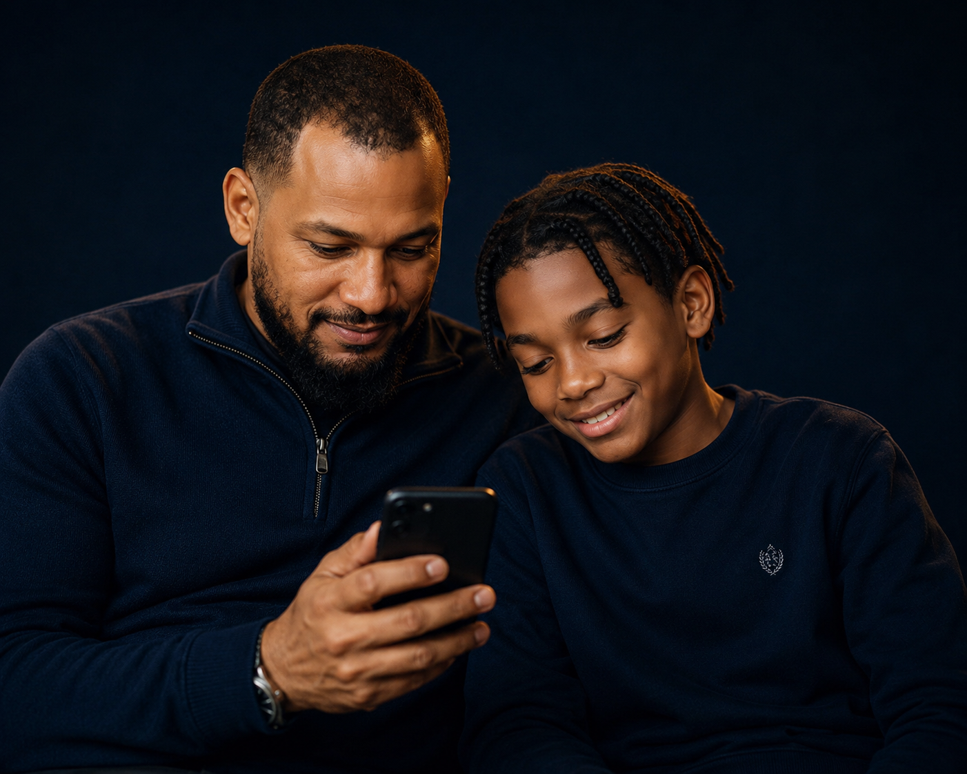 A father and his young son smiling at a phone together